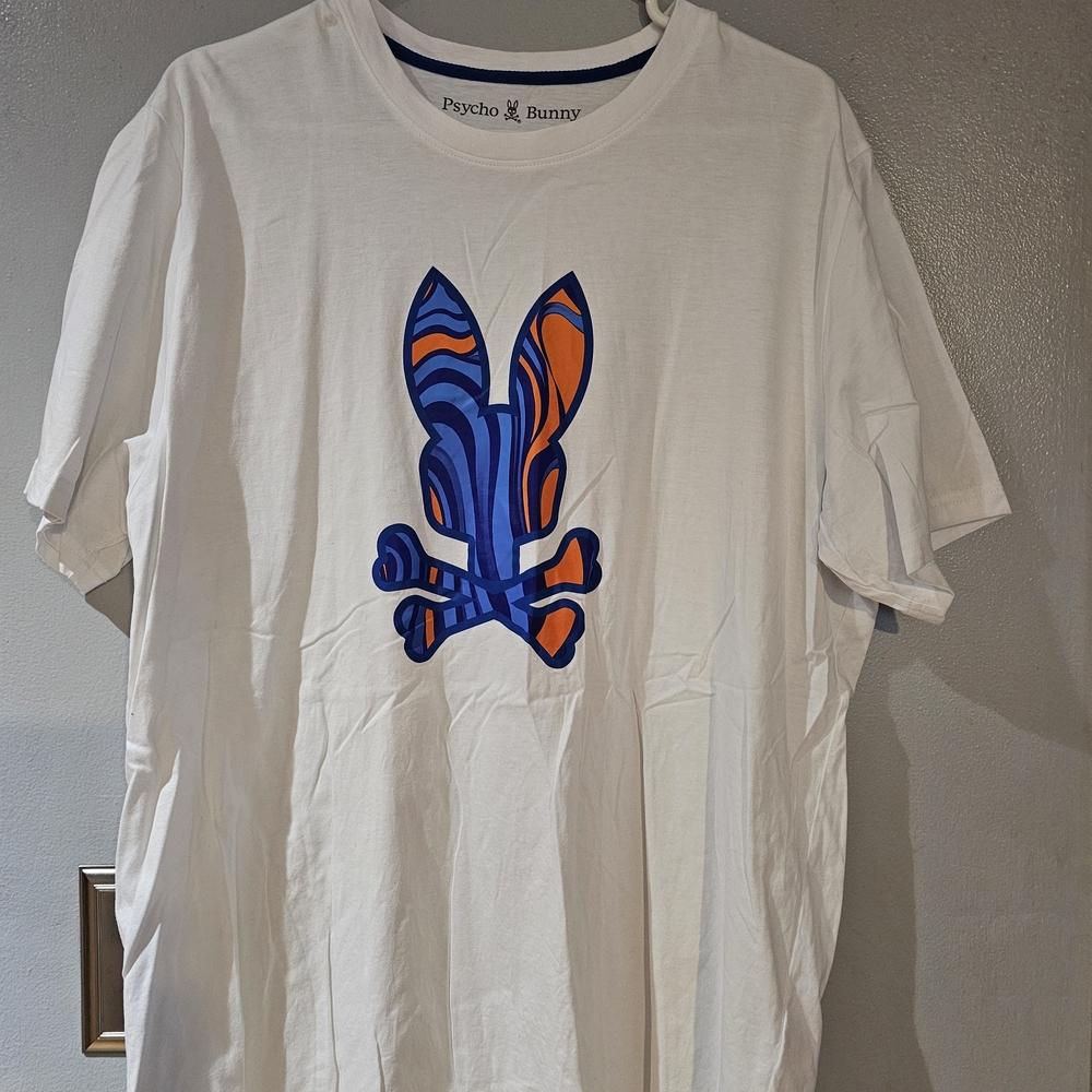 Psycho Bunny White Tee with Blue and Orange Logo